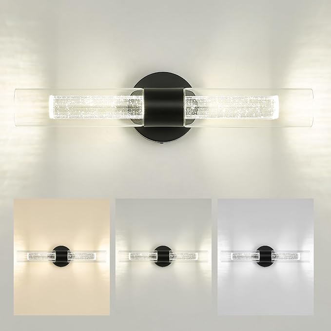 kudos Black Bathroom Sconces Wall Lighting, LED Wall Lights with Crystal Bubble and Clear Glass, 3000K/4500K/6000K Adjustable, KDVL05-BK-2