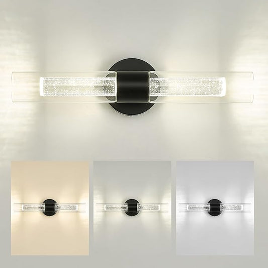 kudos Black Bathroom Sconces Wall Lighting, LED Wall Lights with Crystal Bubble and Clear Glass, 3000K/4500K/6000K Adjustable, KDVL05-BK-2