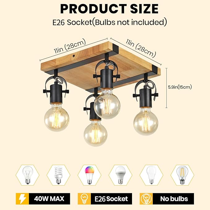 SEEBLEN Farmhouse Wooden Flush Mount Ceiling Lamp,4-Light Directional Ceiling Spotlight Track Light Kits,Rustic Farmhouse Kitchen Light Fixtures for Kitchen Bathroom Bedroom Hallway.