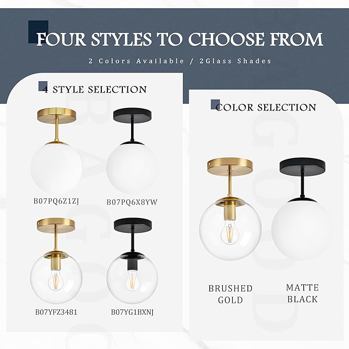 8" Black Semi Flush Mount Ceiling Light Fixture Clear Glass Globe Ceiling Light Fixture Hallway Light Fixture Mid Century Ceiling Light Matte Black Finish for Entryway Foyer Kitchen(Bulb Incl.)