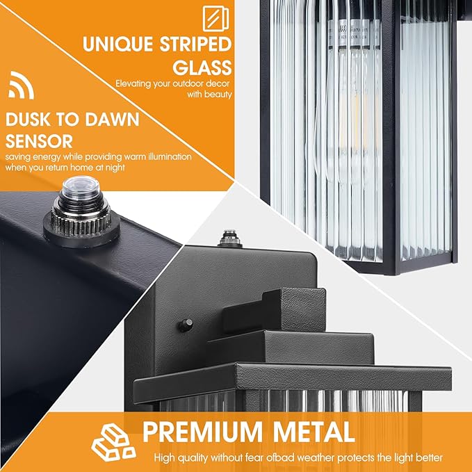 13 Inch Matte Black Outdoor Wall Light, Dusk to Dawn Waterproof Exterior Light Fixture for Porch, Front Door or Garage