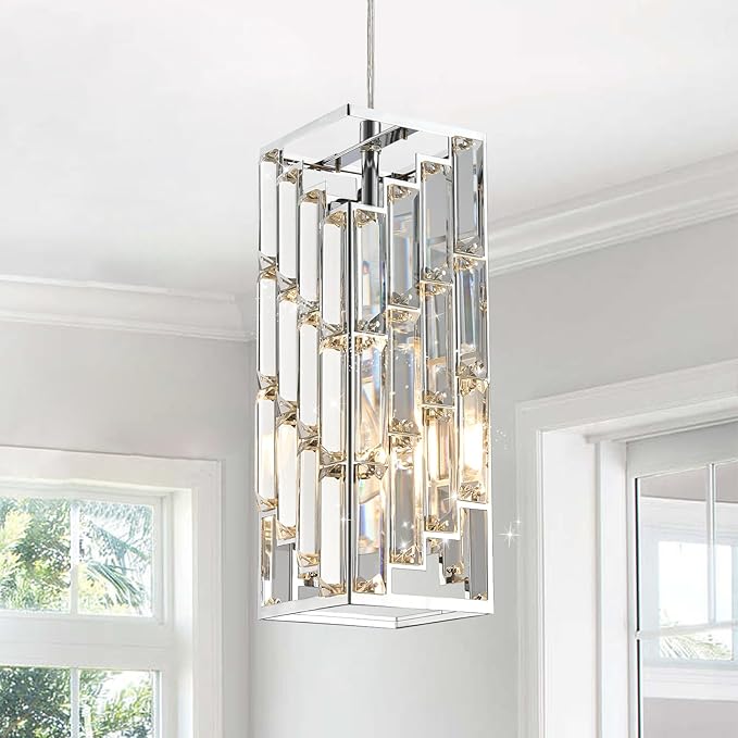 CATINER Chrome Crystal Pendant Light, Mini Hanging Pendant Lighting Fixture with Adjustable Cord, Modern Silver Pendant Light for Kitchen Island, Dining Room, Bedroom, Hallway, E26 Base (1 Pack)
