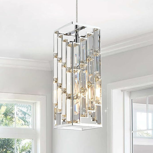 CATINER Chrome Crystal Pendant Light, Mini Hanging Pendant Lighting Fixture with Adjustable Cord, Modern Silver Pendant Light for Kitchen Island, Dining Room, Bedroom, Hallway, E26 Base (1 Pack)