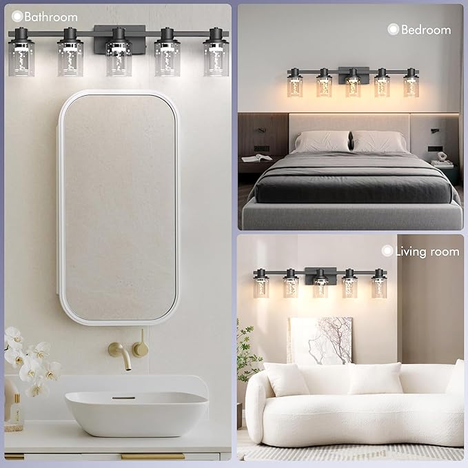 Quntis 5-Light Black Bathroom Light Fixtures with 5 Color Modes, 33 Inch Dimmable Modern Vanity Lighting Fixture Over Mirror, 35 Watts Eye Protection LED Wall Lamp (UL Certified, Bulbs Included)
