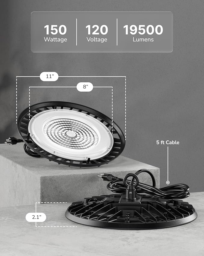 Sunco 6 Pack UFO LED High Bay Light, 150W, 19500 Lumens, 6000k Ultra Bright Commercial Shop Lights for Warehouse, Factory, Workshop, Garage & Barn, Ceiling Mount, Plug & Play, 120V, UL