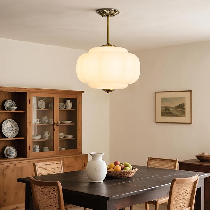 Milk Glass Ceiling Light Fixture,Milk Glass Pendant Light ,Semi Flush Mount Pendant Light Vintage Schoolhouse Ceiling Light for Kitchen Island, Living Room, Dining Room, Bedroom (White, 15 Inch)