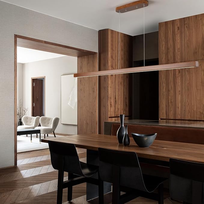 YISDESIGN 71" Wood Linear Pendant Light Modern LED Dimmable Ceiling Hanging Light Fixtures Wood Linear Chandeliers 40w for Dining Room Kitchen Island Pool Table Bar Walnut Color