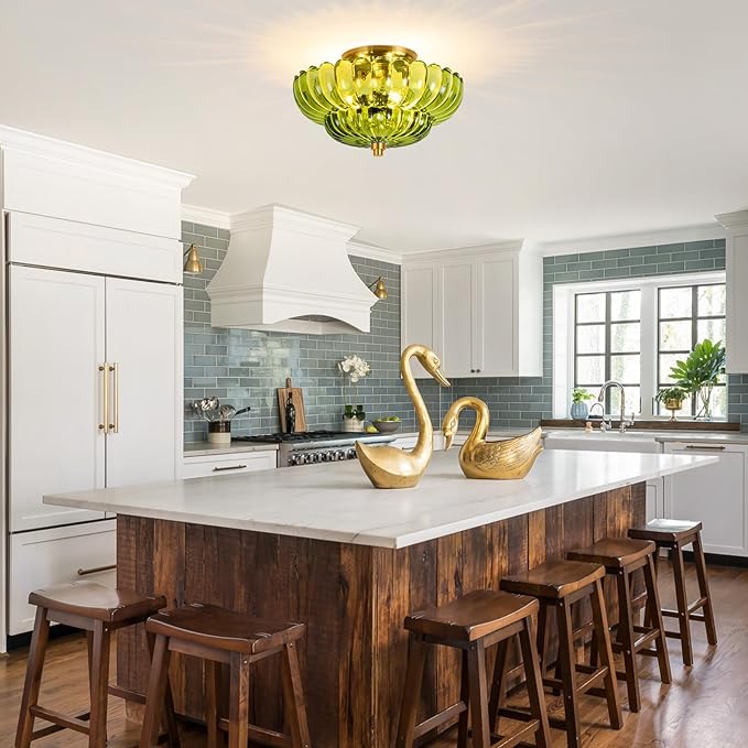 Semi Flush Mount Ceiling Light, Modern Gold Ceiling Light with Green Glass,3 Lights Close to Ceiling Light Fixtures for Bedroom, Dining Room, Kitchen, Living Room, Entryway, Hallway