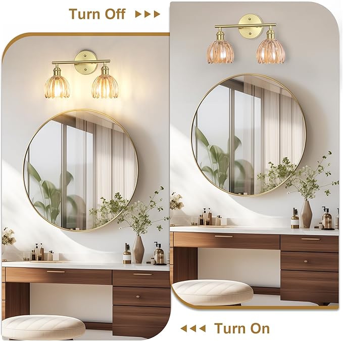 Vintage Bathroom Light Fixtures,2-Light Hardwired Vanity Lights with Amber Tulip Glass Shade,Gold Bathroom Vanity Light for Mirror Restroom,E26 Socket,14.57 in(Bulbs Not Included)
