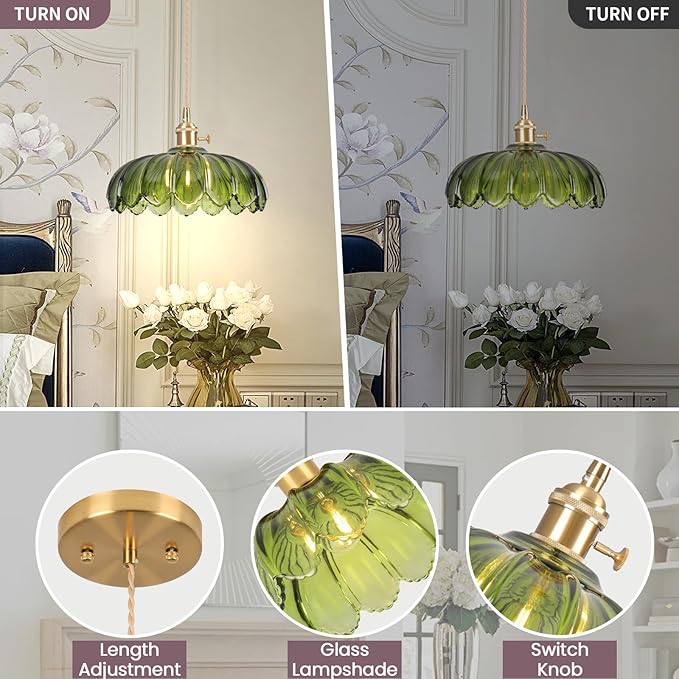 Pendant Lights Kitchen Island,Green Glass Vintage Light Fixtures,9.8inch E26 Adjustable Hanging Light Flower Finish Ceiling Hanging Lamp for Bedroom Living Room Hallway 1 Light