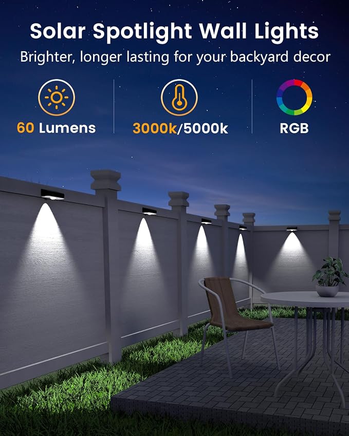 JOFIOS Solar Fence Lights Outdoor, 12 Pack, 50LM Ultra Bright, 3 Color Temperatures & RGB, IP65 Waterproof, Dusk-to-Dawn Solar Powered Fence Lights for Patio, Railing, Pool, Porch, Backyard(Black)