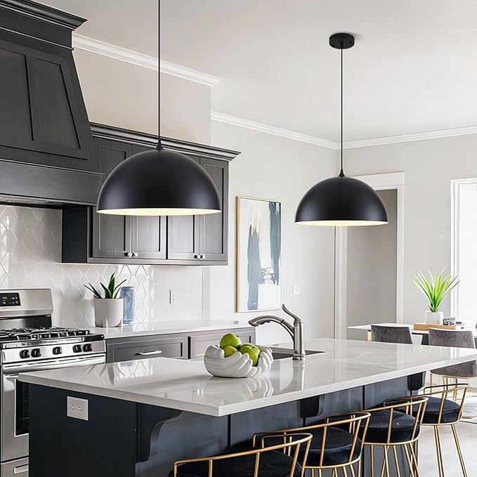 Large Pendant Lights Kitchen Island, 19.7 Inch Black and White Dome Pendant Light，Black Farmhouse Pendant Light, Modern Industrial Kitchen Pendant Lighting Over Island, Dining Room, 2 Pack