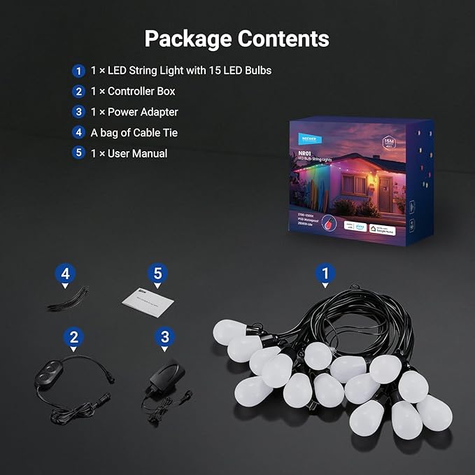 NEEWER 48ft Outdoor String Lights, App Control Smart AI RGBW Hanging Outside Patio Balcony Backyard Holiday Lighting, IP65 Waterproof, 15 LED Bulbs, 50+ Scenes, Compatible with Alexa Google, NR01