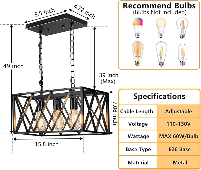 Pynsseu Industrial Kitchen Island Pendant Lighting, Rectangular Vintage Rustic 3-Light Hanging Pendant Light Fixtures for Kitchen Farmhouse, Bar, Dinning Room
