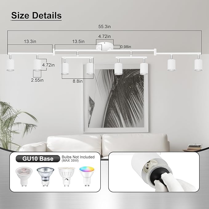 AUQUEE 8 Light Track Lighting Fixtures Ceiling, Matte White Kichen Track Lighting Fixtures, Rotatable Light Heads, Adjustable Modern LED Track Lights for Kitchen/Hallway, No GU10 Bulb