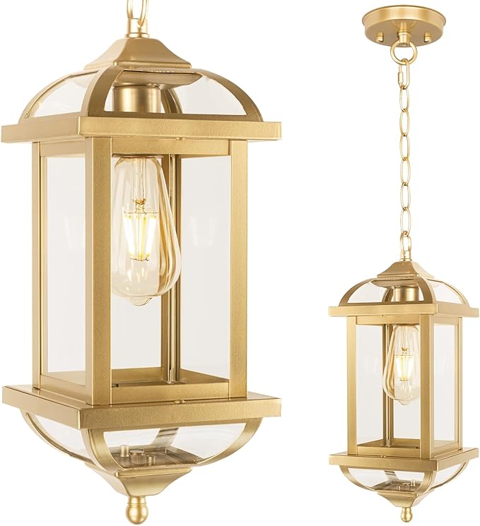 Gold Outdoor Pendant Light for Porch Fully Enclosed, 16 Inch Large Exterior Hanging Light Aluminum Made Anti-Corrosion Outside Ceiling Mount Lights Brass Chandelier Entry Light, E26