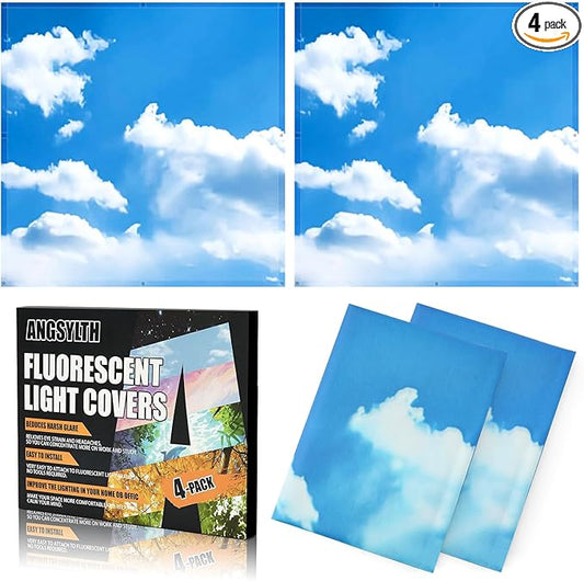 ANGSYLTH 2 x 2 Feet Fluorescent Light Covers - 4 Pcs Covers for Ceiling Lights, Magnetic Light Filters for Classroom, Office, Hospitals, Home (Blue Skies & White Clouds)