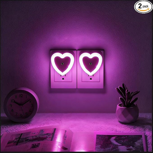 LED Night Lights Plug in(2-Pack), Dusk to Dawn Sensor Auto-On/Off, Cute Nightlight Heart Shaped 0.5W for Bedroom, Bathroom, Kids Room, Nursery, Hallway (Pink)