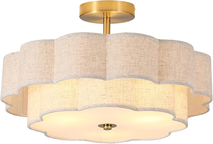 Modern Semi Flush Mount Ceiling Light ,17.7" Modern Gold Drum Ceiling Lighting Fixture with Linen Shade ,3-Light Vintage Lamp for Living Room, Bedroom, Kitchen, Dining Room, Hallway, Entryway