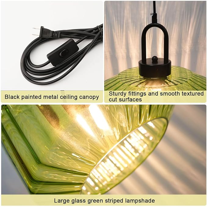 Plug in Pendant Light Green Glass Pendant Lamp Plug in Pendant Light Fixtures Mid Century Modern Hanging Lamp with Cord On/Off Switch Striped Glass Swag Light Dining Room Ceiling Lamp