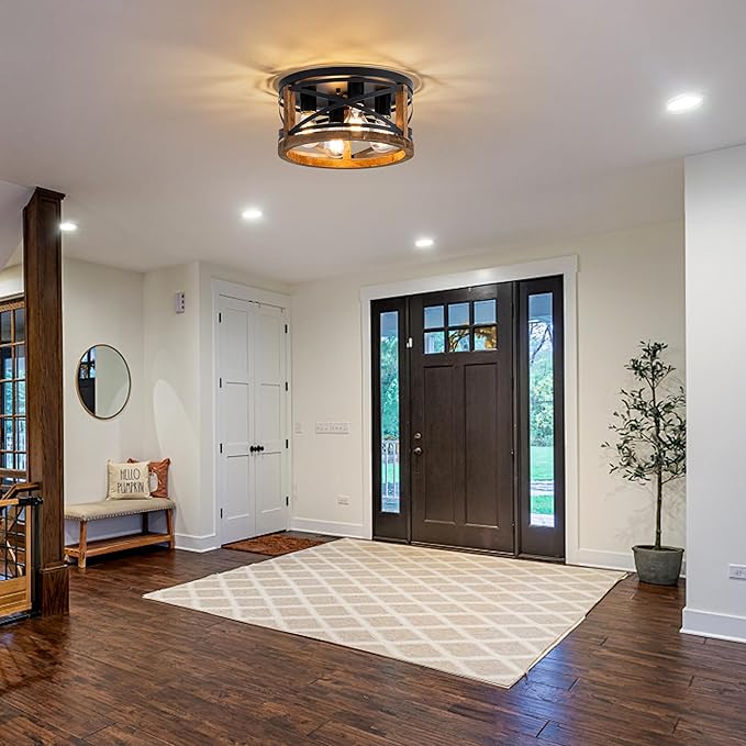 Farmhouse Light Fixtures, 4-Light Round Flush Mount Ceiling Light with Wood and Metal Frame, Black Rustic Ceiling Light for Hallway, Entryway, Bedroom, Kitchen