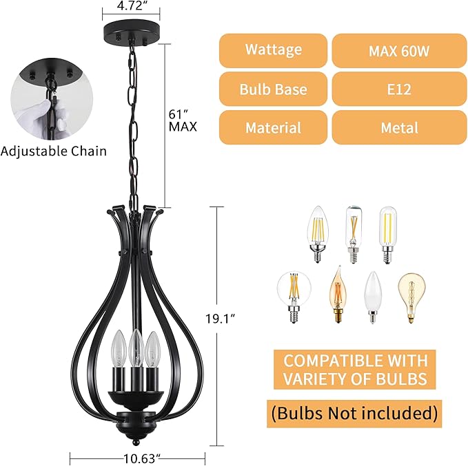 10.63" Black Chandelier 3-Lights Modern Farmhouse Chandeliers for Dining Room Light Fixtures Rustic Metal Industrial Vintage Adjustable Pendant Light Fixture for Foyer Kitchen Entryway Hallway E12