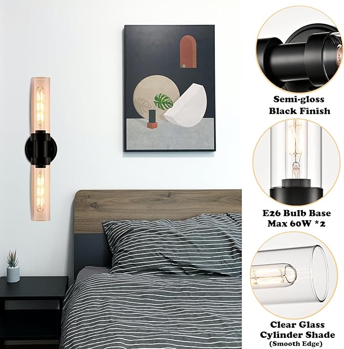 Farmhouse 2-Light Black Wall Sconce, Cylinder Bathroom Wall Light with Clear Glass Shade 20-Inch Modern Black Glass Sconces Wall Lighting for Bedroom Hallway Staircase