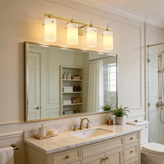 SOLFART Bathroom Light Fixtures, 4 Light Vanity Lights for Bathroom, Gold Wall Light with Milky White Glass for Mirror, Living Room, Hallway, Cabinet, E26 Base (Bulbs Not Included)