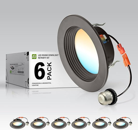 ASD 6 Pack Bronze 4 Inch Retrofit LED Recessed Light - 10W 2700K-5000K 849LM Retrofit LED Recessed Lighting 4 Inch, Dimmable Bronze Recessed Lights, Wet Rated Baffle Trim Can Lights, ETL, Energy Star