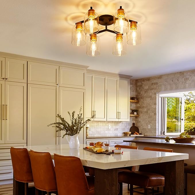 Black and Gold Semi Flush Mount Ceiling Light, 6 Light Vintage Kitchen Ceiling Lighting Fixtures, Large Ceiling Light Fixtures with Clear Glass Shade for Hallway, Living Room, Bedroom, Farmhouse