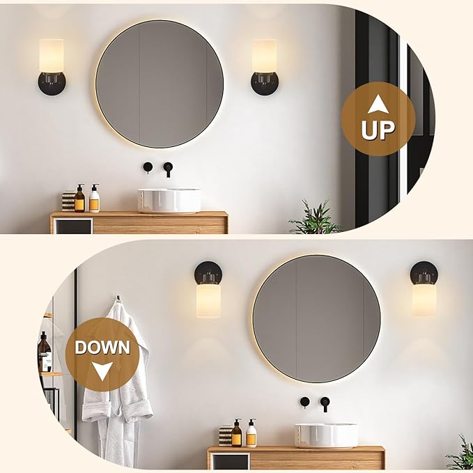 2-Pack, 1-Light Vanity Lights, Matte Black Bathroom Light Fixture with Textured Milky White Glass Shade, E26 Modern Vanity Lighting Fixture for Bathroom Wall Sconce