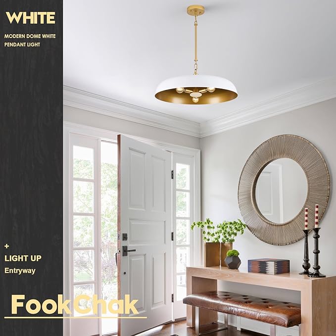 Large Pendant Light 20in White and Gold Dome Pendant Lights 3 Light Socket Pendant Light Fixture with Adjustable Pendant Lighting for Kitchen Island Dining Room Kitchen Sink, E12