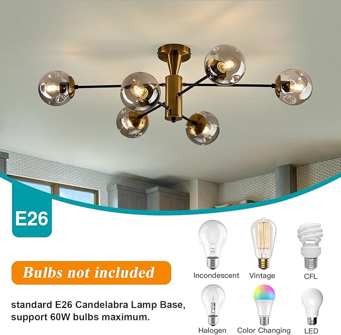 hesoge Modern Semi Flush Mount Ceiling Light Fixture 6-Light Sputnik Gold Chandelier with Glass Globe Mid Century Ceiling Lighting for Dinning Room Farmhouse Kitchen Bedroom Living Room