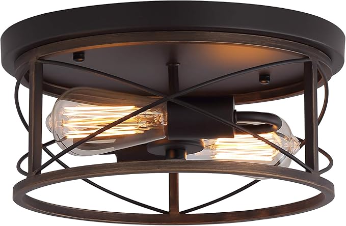 Q&S Farmhouse Ceiling Light Fixture Flush Mount,ORB+Bronze,Rustic Vintage Mini Ceiling Lighting for Hallway Entryway Kitchen Dining Room Bedroom Garage Gazebo Locker,2 Lights UL Listed
