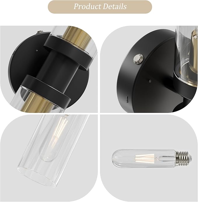 10000mAh Wireless Wall Sconces Set of 2, Rechargeable Battery Operated Wall Lights Remote Control Black & Gold No Hardwired Timer Dimmable Glass Wall Sconce for Living Room Bedroom Entryway, 16.5 Inch