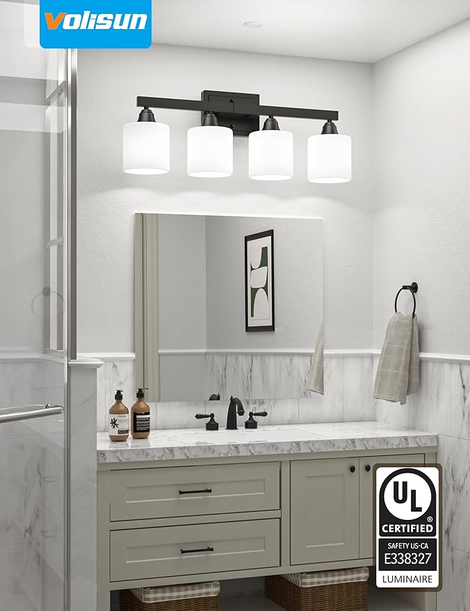 VOLISUN Matte Black Bathroom Light Fixtures, 4-Light Bathroom Vanity Lights Over Mirror, Modern Vanity Light for Bathrooms, Bathrooms Lights Fixtures Over Mirror with Milky White Frosted Glass Shades