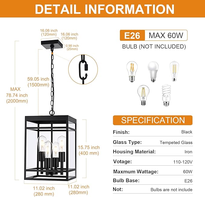 VINLUZ 4-Light 16" Outdoor Pendant Light with Adjustable Chain, Matte Black Outdoor Hanging Light Fixture, Exterior Hanging Lantern Chandelier for Entryway Patio Garden