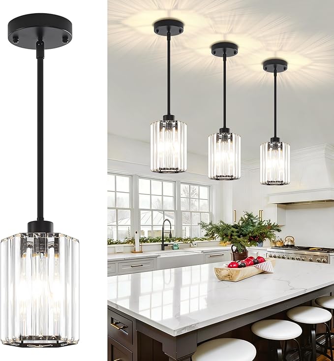 3-Pack Black Pendant Lights Kitchen Island Modern Crystal Hanging Pendant Light Hexagonal Mini Chandelier Adjustable Hanging Kitchen Lights for Dining Room Hallway Bedroom Entryway Light Fixtures