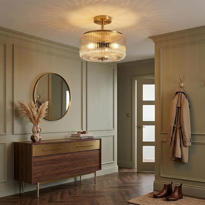 3-Light Gold Semi Flush Mount Ceiling Light, 11.8" Modern Hallway Light Fixtures Ceiling Mount with Ribbed Clear Glass Shade, Bright Close to Ceiling Lamp for Bedroom/Kitchen/Entryway/Dining Room