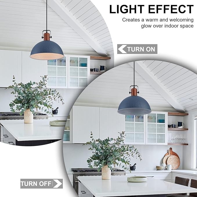 12 Inch Blue Pendant Lights Hammered Matte Pendant Lights for Kitchen Island Industrial Farmhouse Adjustable Height Dome Hanging Light Fixtures for Barn, Dining Room 2 Packs