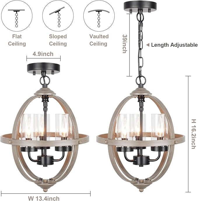 Farmhouse Chandelier, 14" Industrial Rustic Globe Sphere Orb Chandelier Wood Grain, 3-Light for Dining Room Entryway Kitchen Island Foyer