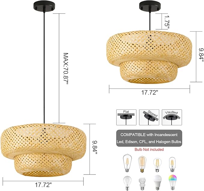 Boho Bamboo Pendant Light 17.72" Beige Wicker Chandelier Handmade Rattan Dining Room Lights Farmhouse Hanging Lighting Fixture for Kitchen Island Bedroom Living Room Hallway Coffee Restaurant