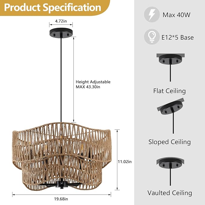19.68" Large Rattan Chandelier, 5-Light Hand Woven Pendant Light Fixture, Farmhouse Boho Chandeliers, Adjustable Wicker Hanging Ceiling Lamp for Kitchen Bedroom Living Room Hallway Foyer