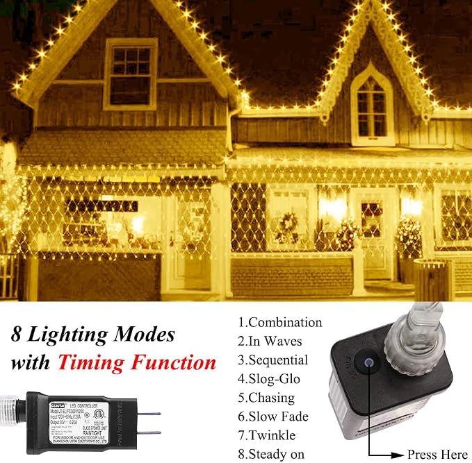 Net Light Mesh Lights, 240LED Timer Tree Warp Fairy Lights Outdoor Pulg in Hanging String Light for Christmas, Halloween, Garden, Walkway, Bushes Decor-9.8ft x 6.6ft(Warm White)