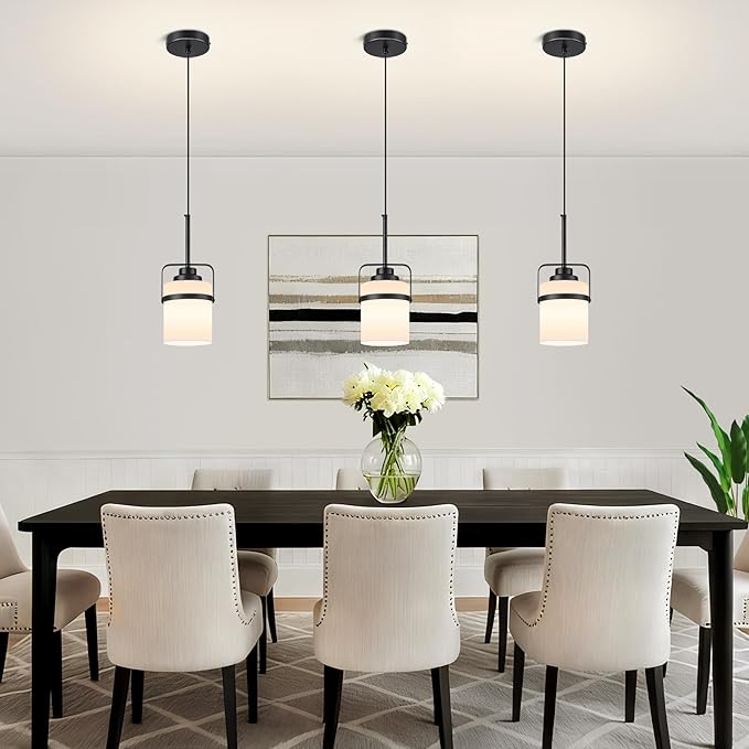 Modern Black Pendant Lights Kitchen Island Light, Adjustable Hanging Light Fixture with Milk Glass Shade, Farmhouse Pendant Light for Dining Room Bar Over Sink/Table/Counter, 1 Pack