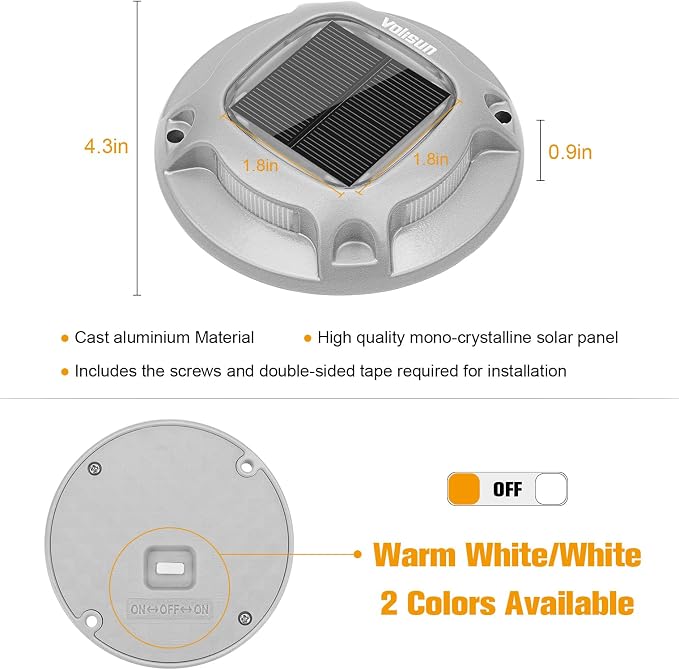 VOLISUN Solar Driveway Lights Dock Marine Lights 20 Pack,2 Colors in 1,Outdoor IP67 LED Deck Light,Solar Powered Waterproof Warning Step Light for Driveway Sidewalk Pathway (White/Warm White)