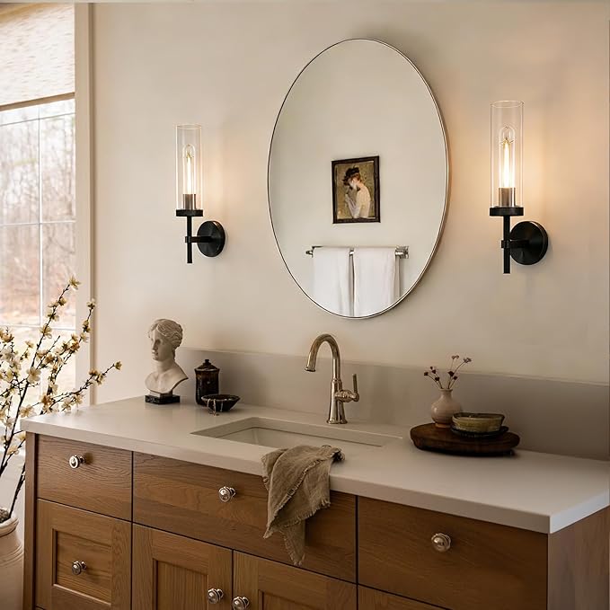 Knurled Wall Sconces, Black Wall Sconce Lights, 14" Black Bathroom Wall Sconces, Glass Linear Sconce Wall Lighting, Vanity Lights Bathroom Light Fixture Wall Lights for Living Room