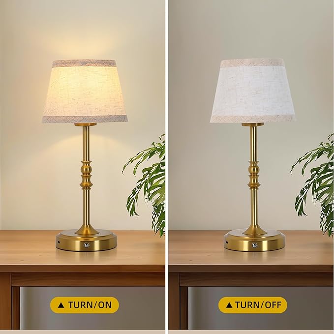 Small Gold Rechargeable Table Lamp,12-14 Inch Tall Vintage Style,Battery Powered Cordless Desk Lamp,Mini Touch Control Bedside Lamp,Warm Light 3000K for Nightstand Bedroom Counter Living Room-2 Pack