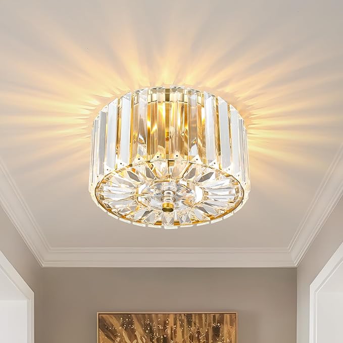 8.89" Small Crystal Ceiling Light, Modern Semi Flush Mount Ceiling Lighting Fixture, Gold Crystal Mini Chandelier for Hallway, Kitchen Entryway Laundry Room, 2-Light, XDD007-1-G
