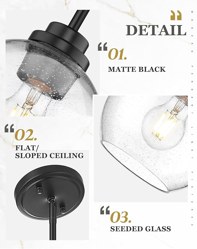 2-Pack Pendant Lights Kitchen Island, 7" Modern Black Hanging Lights Fixtures with Clear Seeded Glass Globe Shade, Kitchen Island Lighting for Bathroom, AD-22280-1P2-BK-S